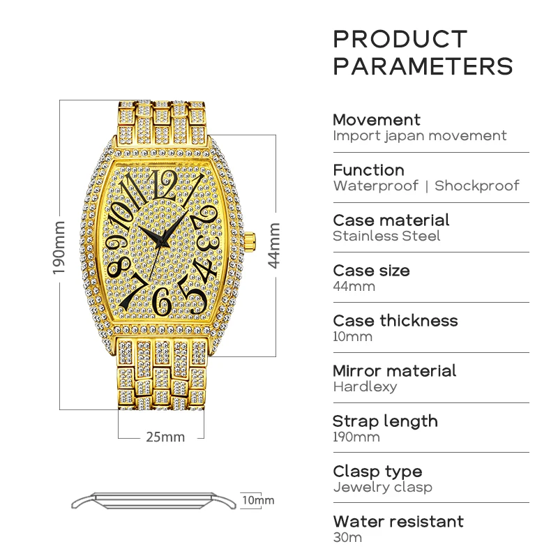 Luxury Men Watch Personalized Bling Diamond Quartz Timepiece Fashion Ice Out Tonneau Big Face Male Wristwatch Best Sale Product