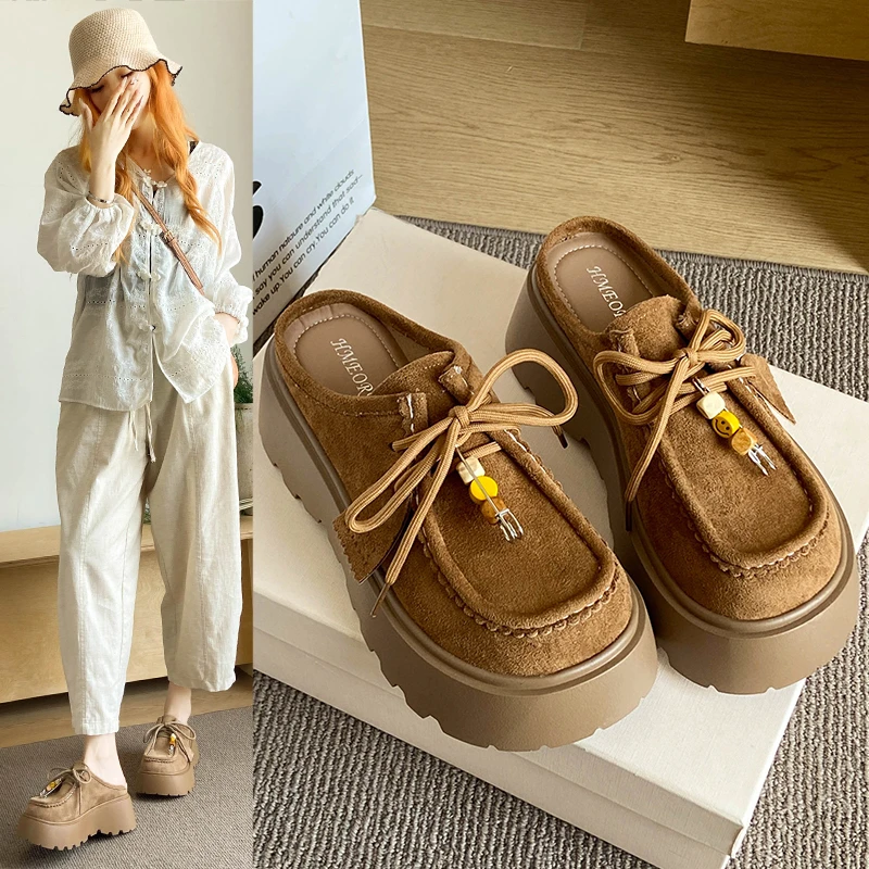 

2025 New Women's Fashion Loafers Platform Heightening Front-covered Slippers Retro Women's Casual Half-slippers Zapatos De Mujer