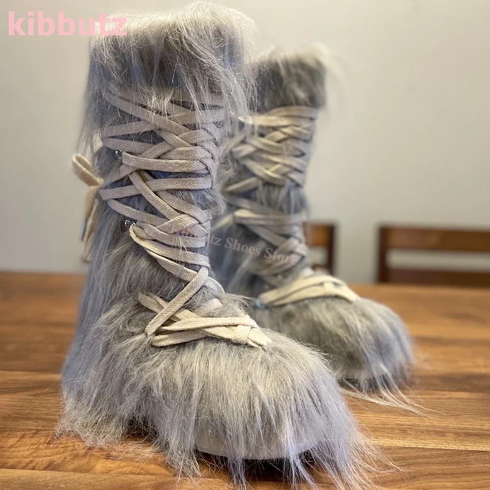 

Faux Fur Boots Mid Calf Furry Winter Warm Lace-Up Platform Round Toe Height Increasing Fashion Novelty Concise Sexy Women Shoes