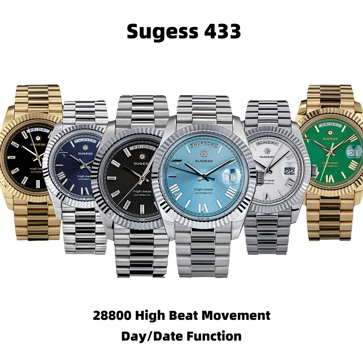 Sugess DD40 Men\'s Watches Automatic Day Date Mechanical Wristwatch Peacock SL3034 Movement Sapphire Waterproof Luxury Retro New