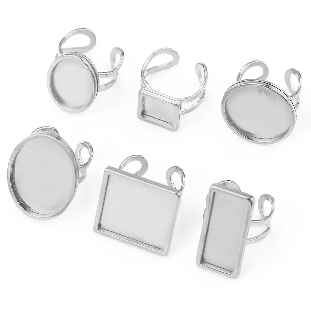 4pcs Stainless Steel Ring Settings Flat Blank Base Large Round Oval Resin Cabochons Tray Ring Bezel Costume Jewelry Materials
