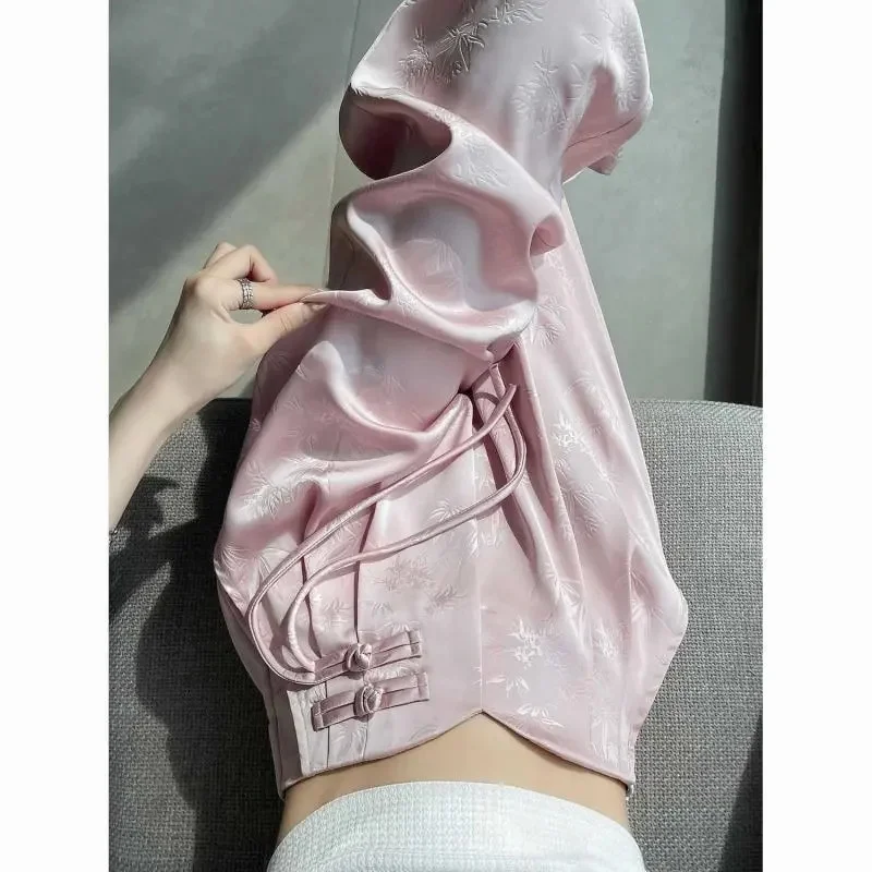 الصيف النساء رقيقة الجاكار السراويل الكورية السيدات عالية الخصر بنطال ذو قصة أرجل واسعة 2025 أنثى موضة الساتان مستقيم الساق بنطلونات