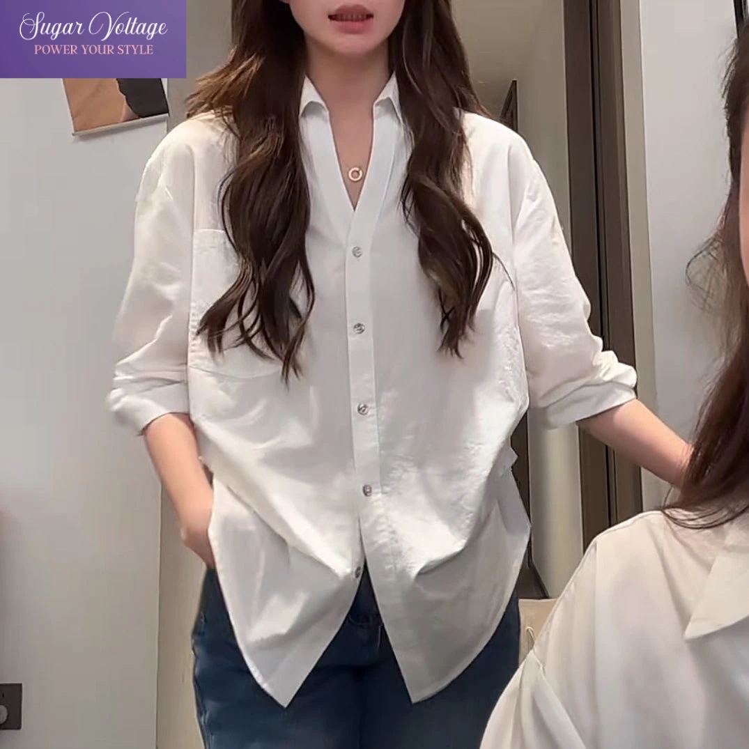 韓国風シックルーズシャツVネックホワイトブラウス女性カジュアルエレガントオフィスレディハーフスリーブブラウス女性夏秋ルーズトップス