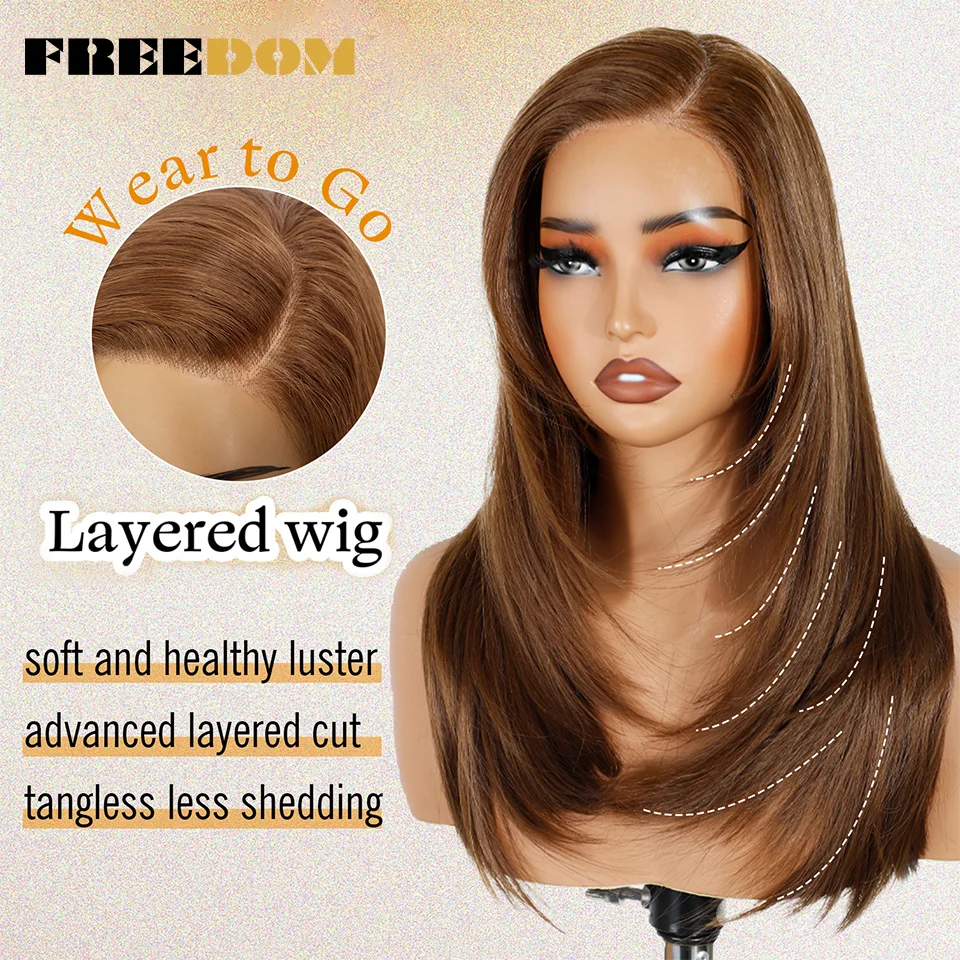 Synthetische Lace-Front-Perücken für Frauen, 18 Zoll, Seitenscheitel, vorgezupfte, gerade, geschichtete Lace-Perücke, Ombre Braun Blond, Perücke für den täglichen Gebrauch – Detail 7