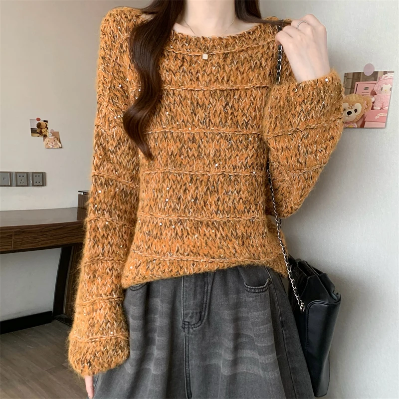 

Korean Sle Glitter Knitted Sweater Trendy Autumn Winter New Faion Women's Loose Fit round Ne Long Sve Warmth Emitting