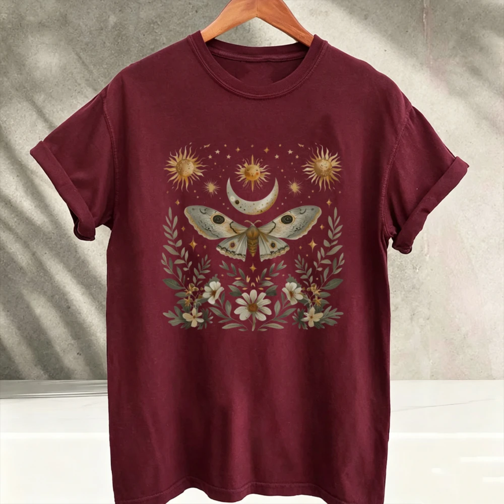 Mystic Celestial Luna Moth Shirts White Crew Neck Short Sleeve Relaxed Fit Goblincore Moon Phases Floral Symbol Unisex T-shirts