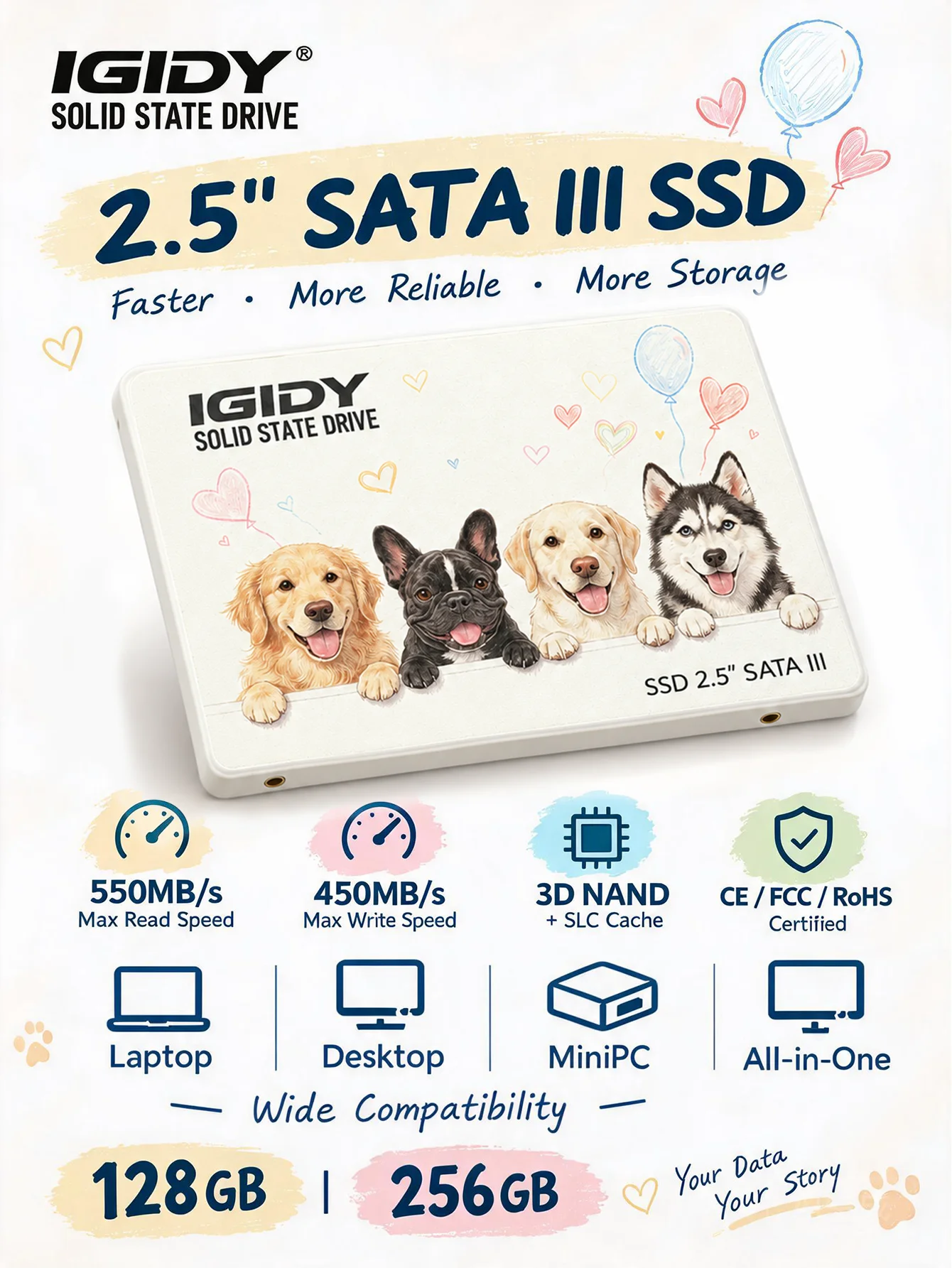 igidy-25インチ-sata-iii-ssd、ペット柄デザイン、128gb-256gb、最大読み込み速度550mb-秒、ノートパソコン、デスクトップパソコン、ミニpc用。