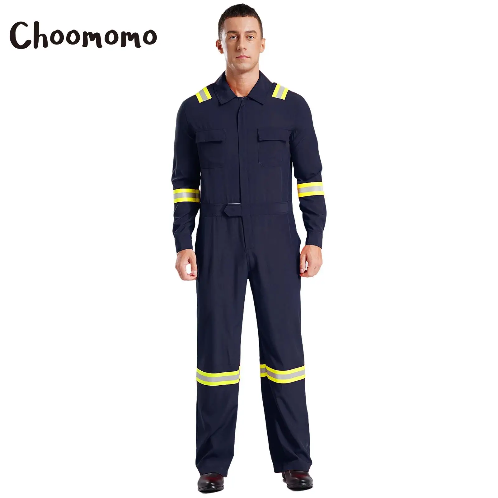 Mens High Visibility Work Utility Coveralls Long Sleeve Reflective Overalls Mechanic Suit Workwear Jumpsuit with Multi Pockets