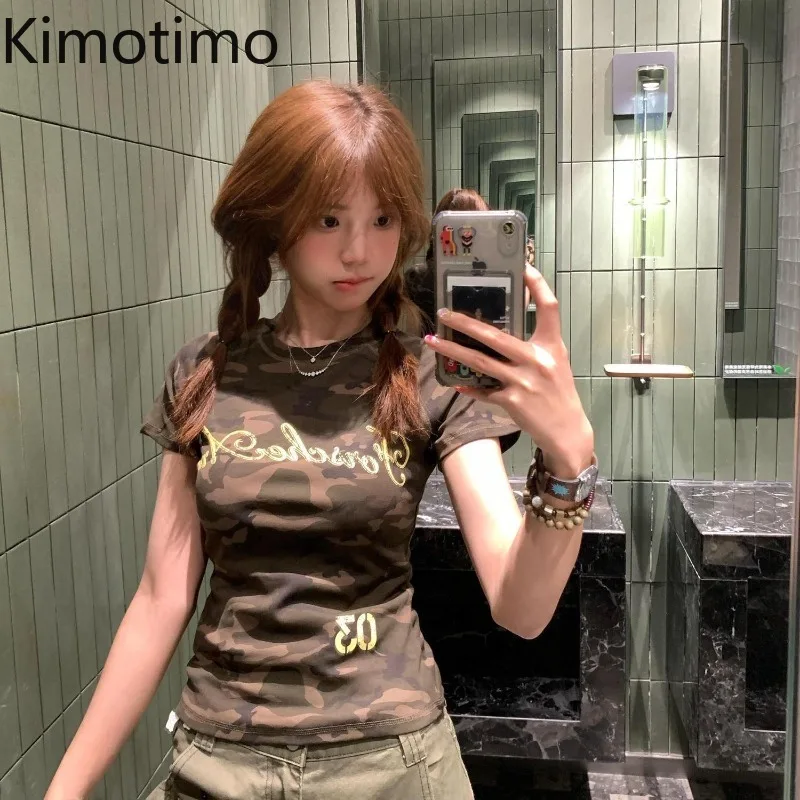 Kimotimo Summer Camouflage Letter Print Short Sleeve T Shirt Women American Retro Slim Waist Crop Top Y2k Aesthetic Grunge Tees