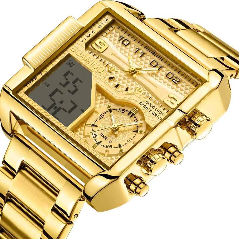 BOAMIGO Top Brand Luxury Fashion Men Watches Gold Steel Sport Square Digital Analog Big Quartz Watch for Man relogio masculino