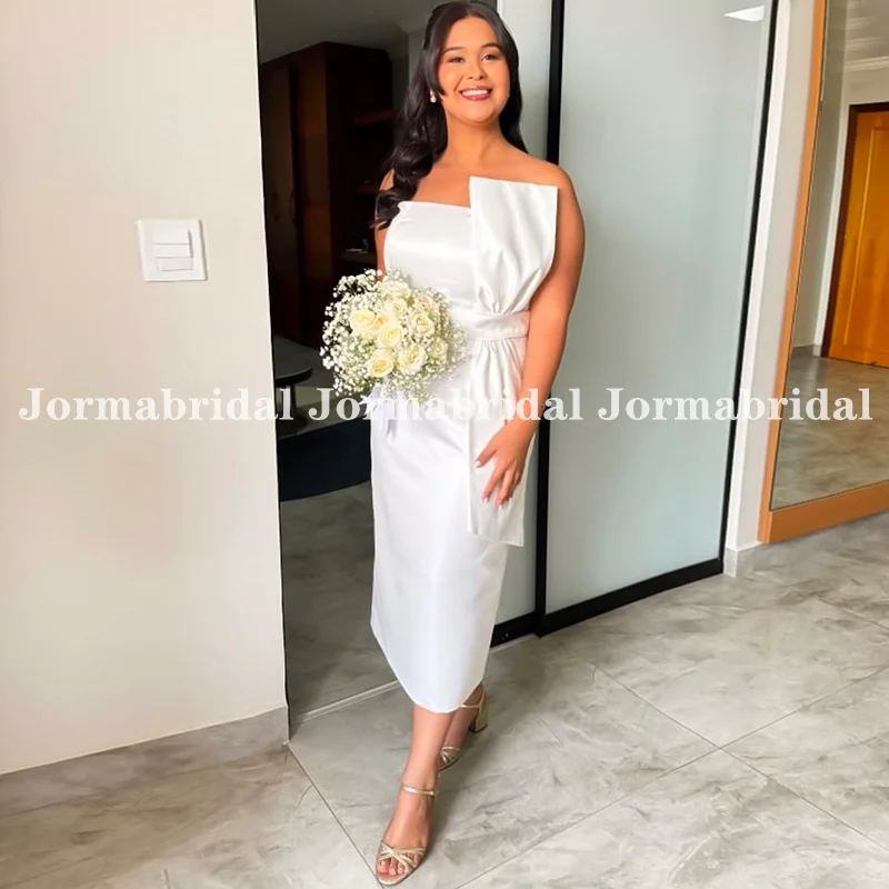 

Белое атласное короткое свадебное платье с бантом спереди 2026, пляжные свадебные платья длиной до чая, платья для невесты после вечеринок по индивидуальному заказу