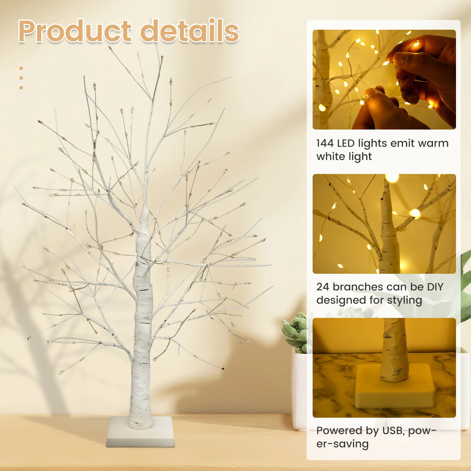 New LED Birch Tree Light 144 LED Artificial Tree Lamp with Timer 24inch USB/Battery Operated Tabletop Birch Tree Light