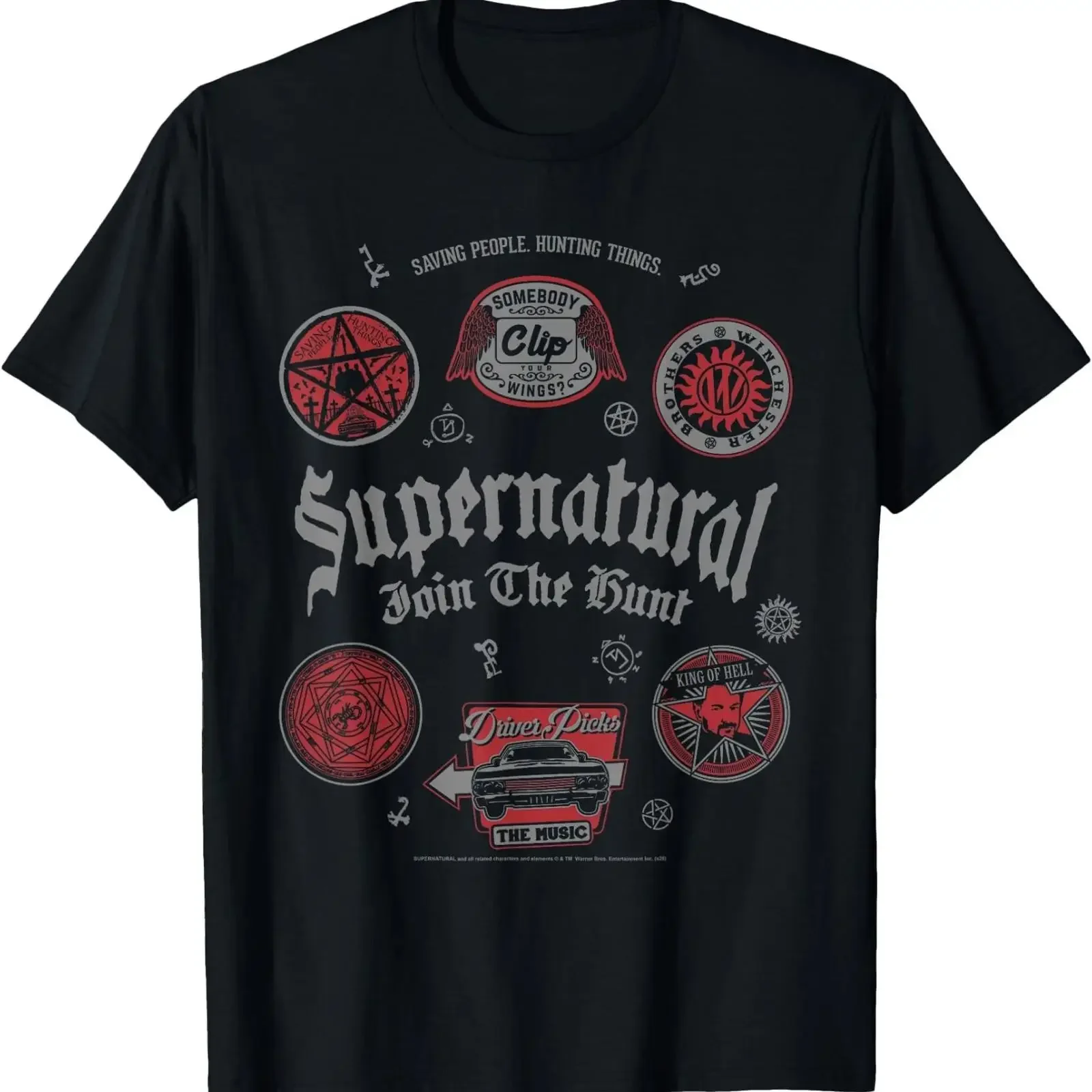Supernatural Join The Hunt Goth Badges Collage TV Show T Shirt vintage Washed Versatile Slightly Top For Everyday Wear