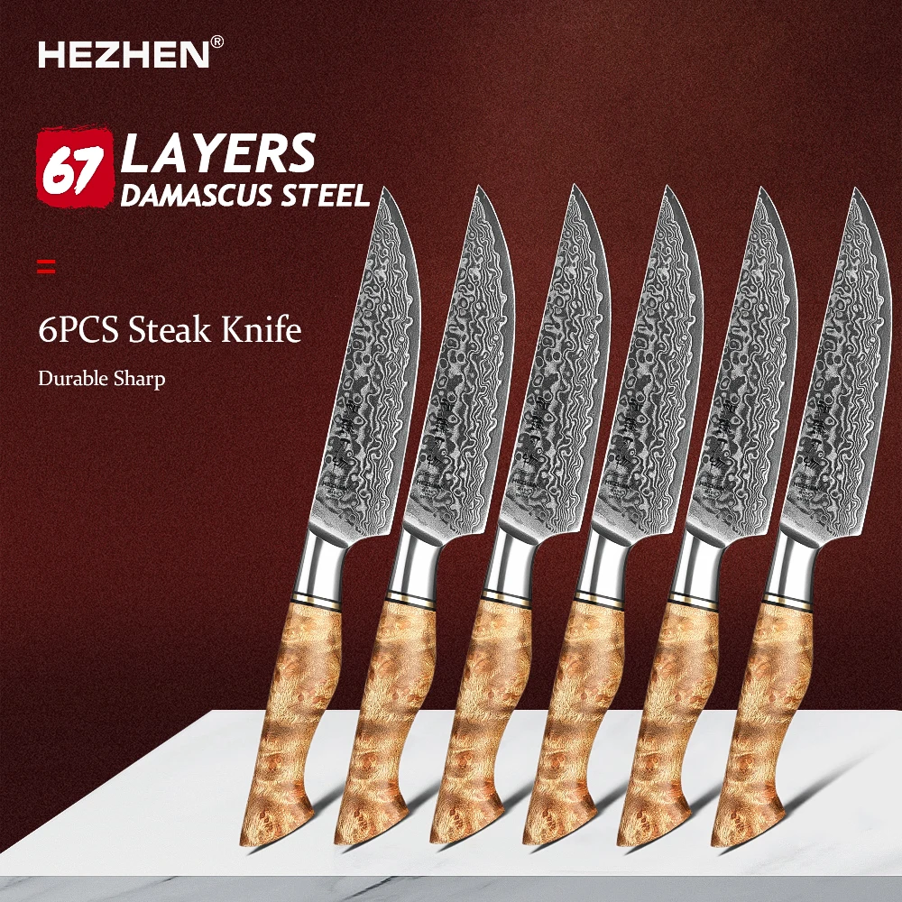 HEZHEN Master Series 6PC Steak Knife Set 67 Layer Damascus Steel High End Kitchen Accessories Knives Cooking Dining Tools