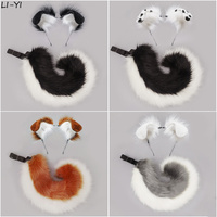 2Pcs/set Fluffy Dogs Ear Headwear Furry Dog Tail Cosplay Accessories Hair Accessories Folded-ear Dog Hairband Dog Role Playing