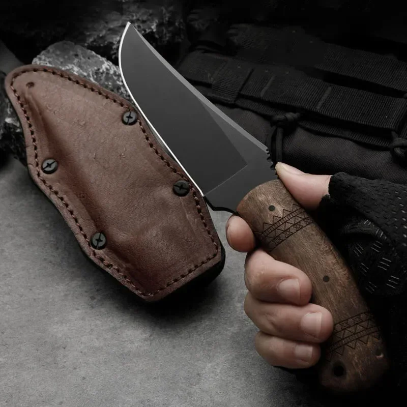 80CRV2 Steel Powerful Hunting Knife Maple Wood Handle Outdoor Camping Knife Tactical Military Hand Tools With Leather Case