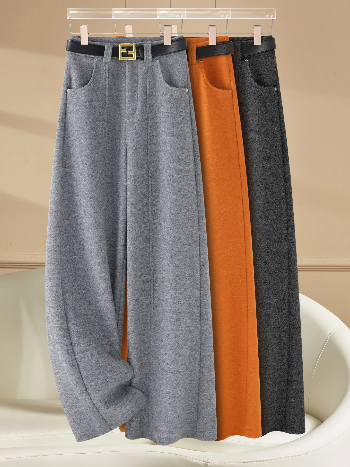 

High Waist Fleece Lined Wool Skinny Wide Leg Pants Women Casual Straight Cut Autumn Winter New Style Soft Plump Drapey Pants