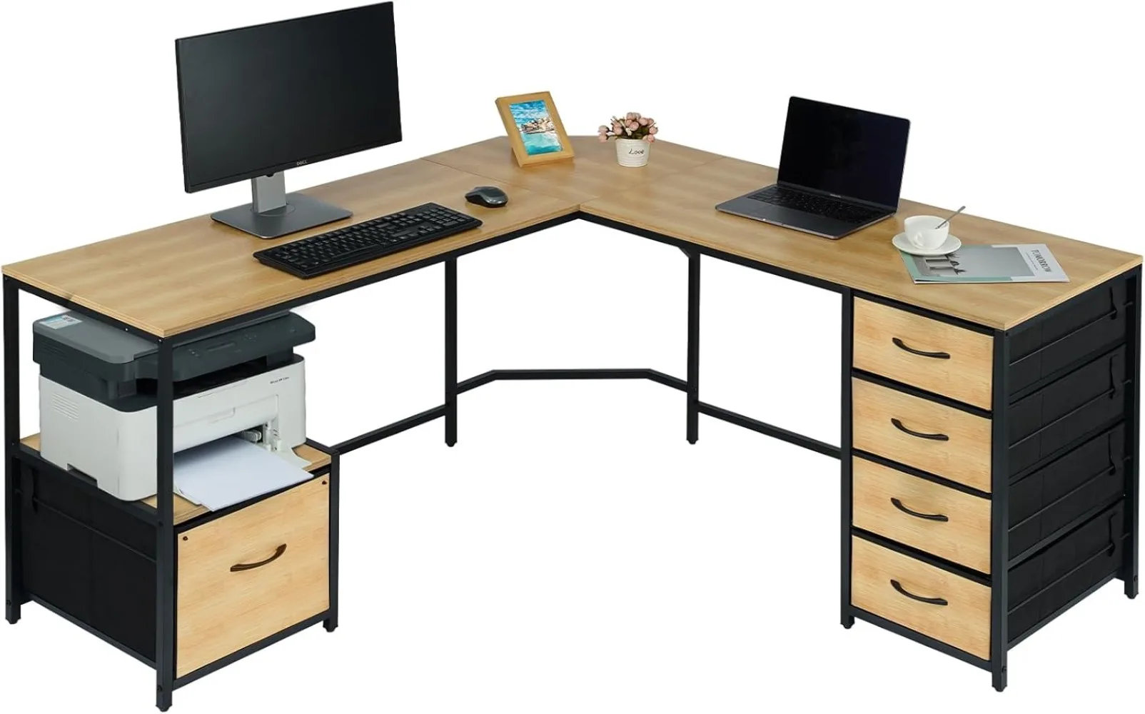 

L-Shaped Desk Corner Computer Desk with 18.9"Depth Workstation, Cloth File Cabinet for Letter Size File Folder & 4 Cloth Storage