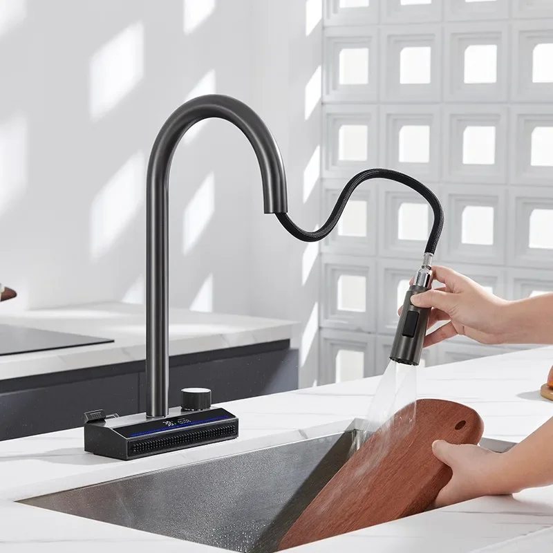 Kitchen digital display Feiyu waterfall faucet hot and cold pull-out all-copper vegetable basin sink