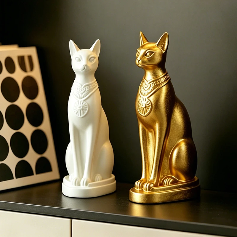 Minimalist Egyptian Bastet Cat Resin Sculpture Matte Black White Gold Small Statue For Living Room Desk Cabinet Modern Home