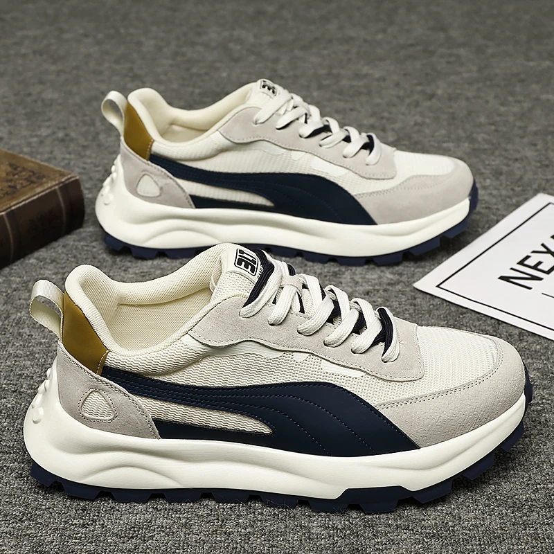1 Pair Men's Plus Size Wide Toe Box Retro Platform Sneakers, Vintage Color Block Mesh Suede Patchwork Casual Trainers, Breathabl