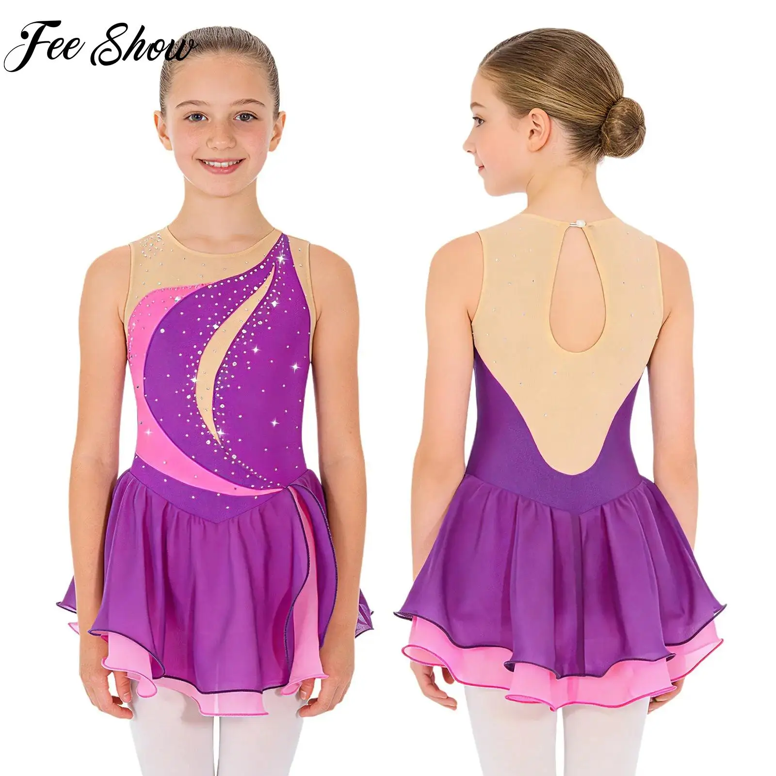 

Детское танцевальное платье для фигурного катания для девочек, балетное гимнастическое трико без рукавов с рюшами, шифоновое лирическое современное платье со стразами