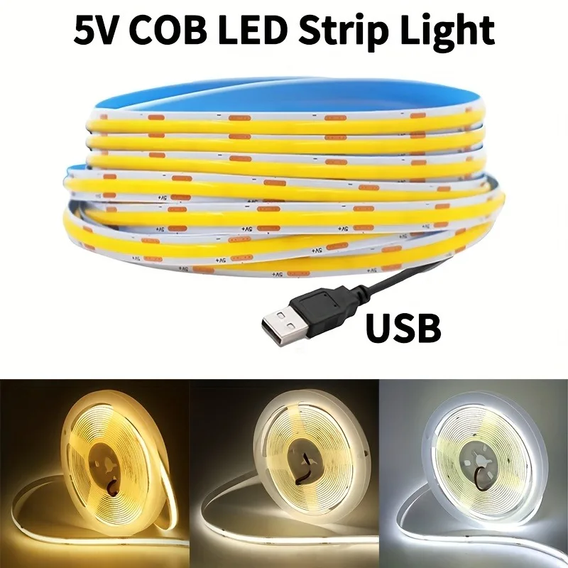 

5V USB COB LED Strip High Density RA90 320 LEDs Warm Nature Cool White Ice Blue Flexible Ribbon Light For Room Decoration