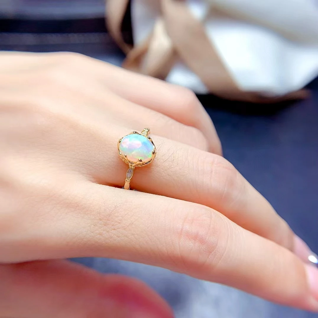 Hotsale Natural Opal Ring 7mm*9mm Genuine White Opal 925 Silver Jewery 18K Gold Plated Silver Ring for Women