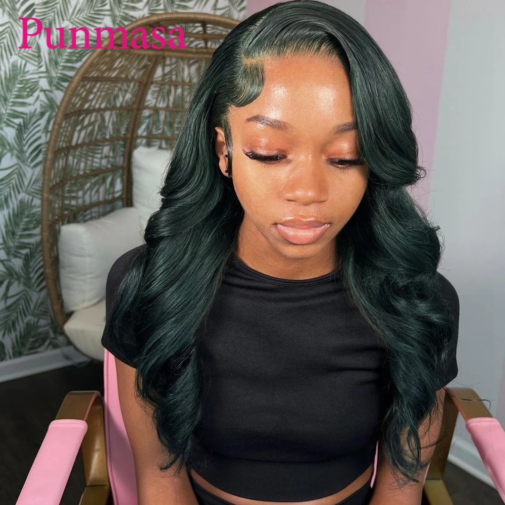 Punmasa Dark Green Body Wave Human Hair Wig 13x6 Transparent Lace Front Wigs for Black Women PrePlucked 200% 13X4 Frontal Wig