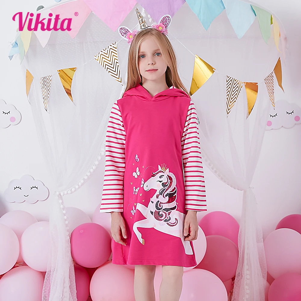 

VIKITA Kids Cotton Casual Striped Straight Pink Dress Girls Licorne Butterfly Sequined Appliqued Hooded Dresses Kids Thick Dress