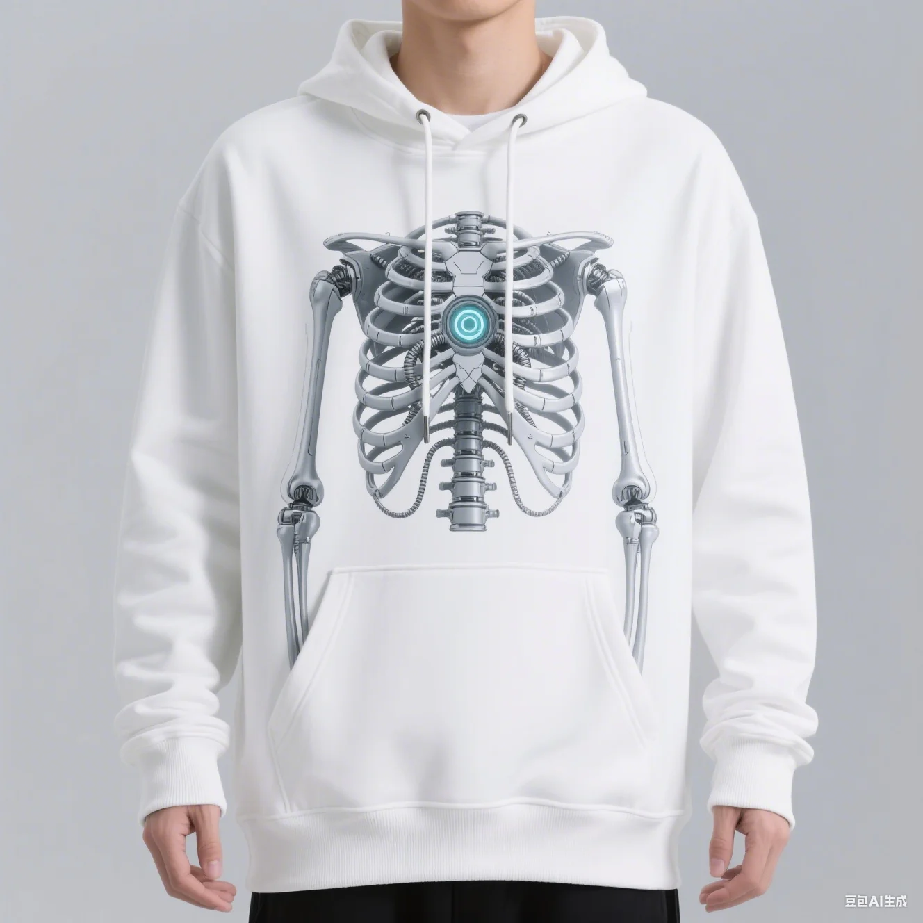 سويت شيرت بغطاء للرأس عالي التحمل 330G من Future Mecha Skeleton Print ملابس الشارع مع جيب