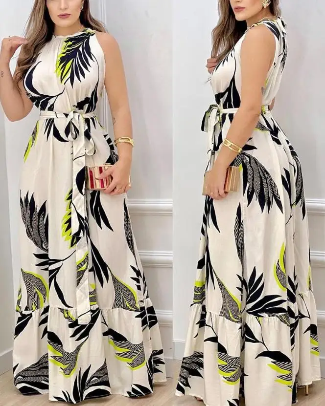 

Dresses for Women 2023 Spring Fashion Leaf Print Sleeveless Casual O-Neck Maxi Daily Vacation Dress with Belt