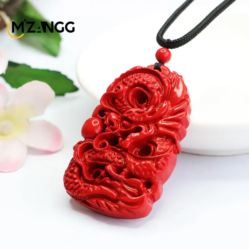 Genuine Natural Cinnabar Red Sand Dragon Pendant Hand-carved Fashion Men's and Women's Necklaces Literary Retro Jewelry Mascot