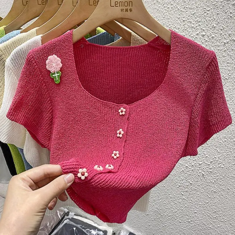 Nice Korean Fashion Short Sleeve Cardigan Femme Summer Knitting T-Shirts Women Clothes Trend Sexy Square Collar Buttons Top Tee