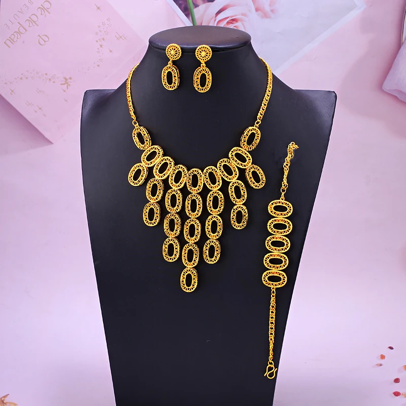 Dubai Gold Plated Wedding Neclace Set Earring Neklace Bracelet Jewelry Set for Women Middle East Bijoux De Mariage Femmes