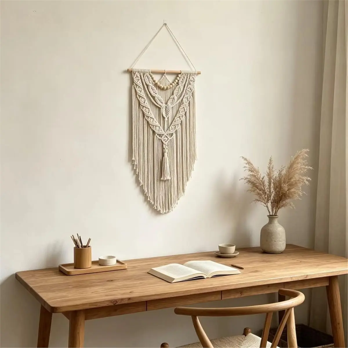 Macrame Wall Hanging Boho Geometric Woven Tapestry Cotton Handmade Bohemian Art Decor with Wood Bead Wall Decor