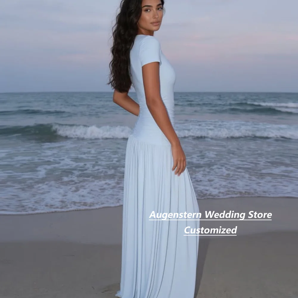Customized Light Blue Mother Of The Bride Gown Square Neck Short Sleeve Waist Ruched Flowy A-Line Floor Length Beach Dress