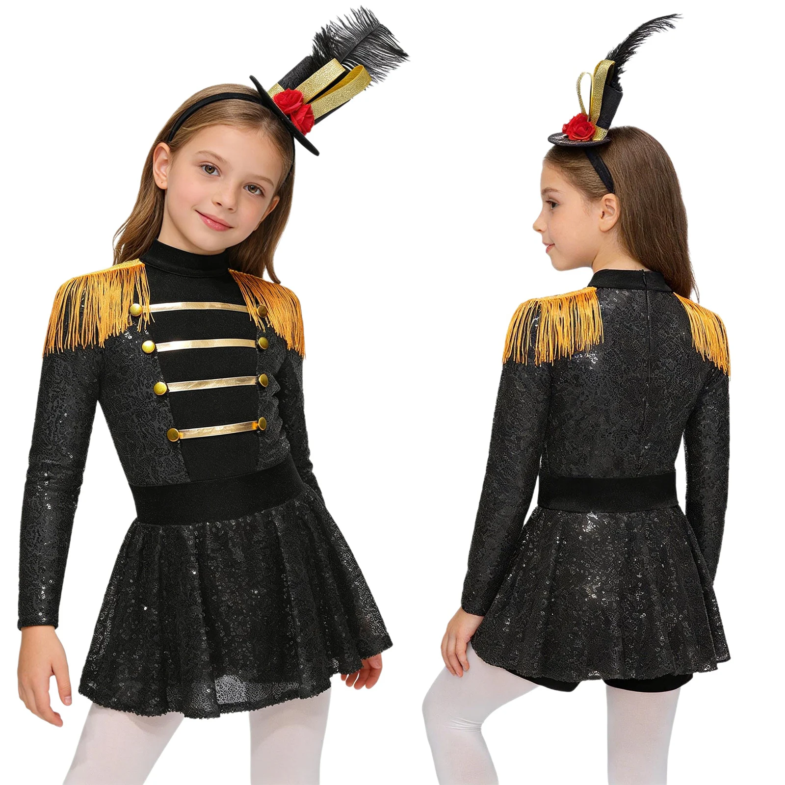 Kids Girls Circus Ringmaster Dance Costume Halloween Carnival Magician Performance Clothes Long Sleeve Sequin Dress Bodysuit
