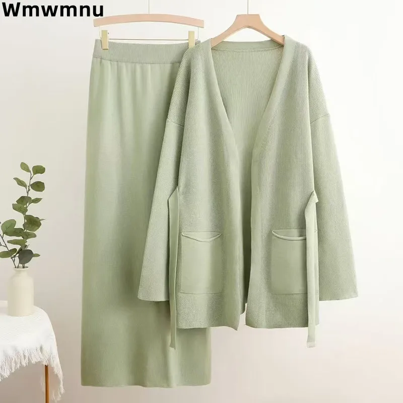 Warm Soft Women Knitted 2 Piece Sets  V-neck Sweater Cardigan Coats Tops Conjunto  Korea Casual Elastic High Waist Skirts Outfit