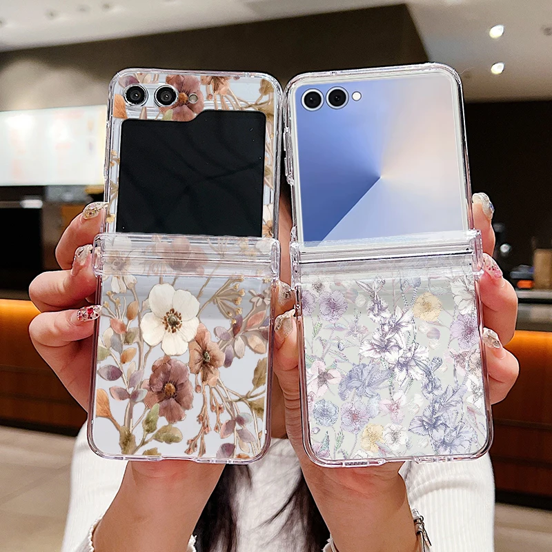 Floral Flower Printed Phone Case For Samsung Galaxy Z Flip 7 FE 6 5 4 3 5G Folding Hard PC Clear Cover For Samsung Z Flip6 Flip7