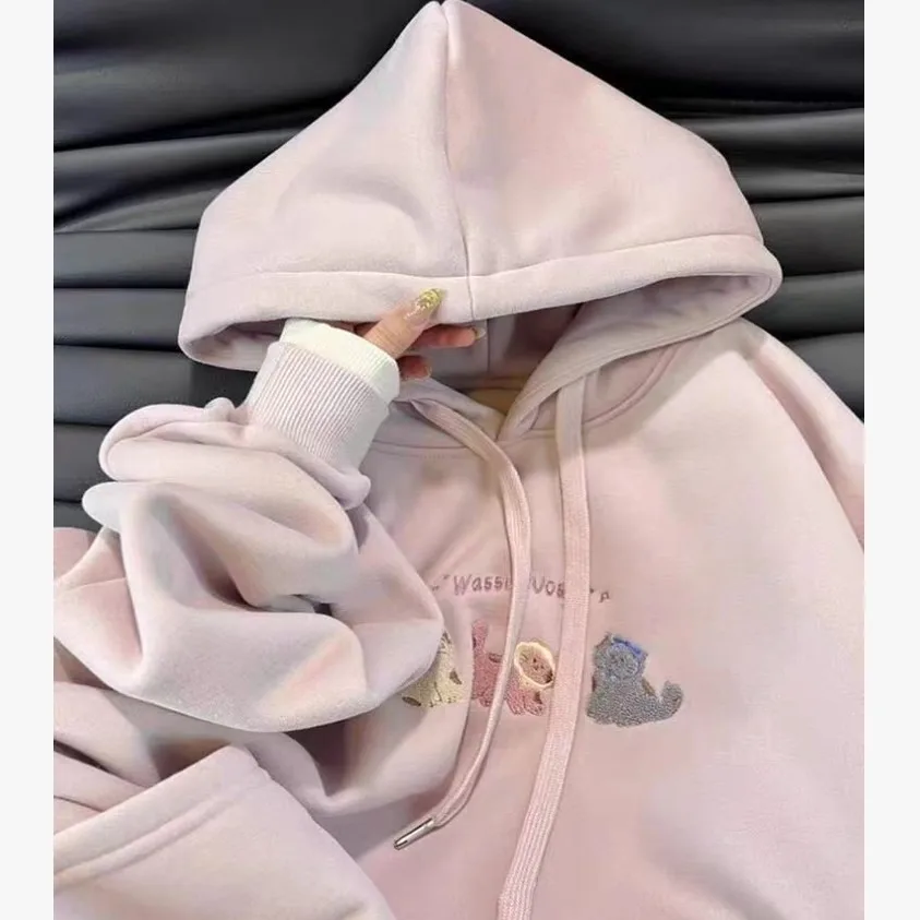

Autumn Winter plus Size Hoodie Sweatshirt Embroidered Fleece Lined Casual Outerwear Unisex Comfortable Warmth Street Style