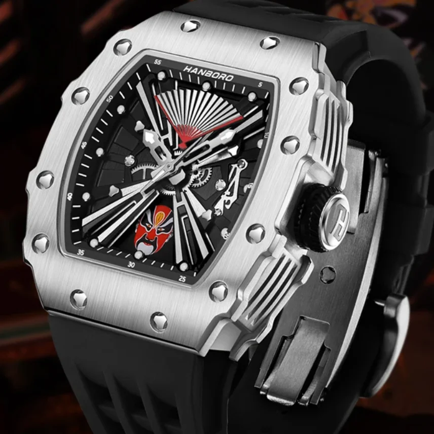 HANBORO Men Automatic Watch 50.5mm Tonneau Mechanical Wristwatch Luminous 5ATM Rotatable 6 Facial Makeup Dial