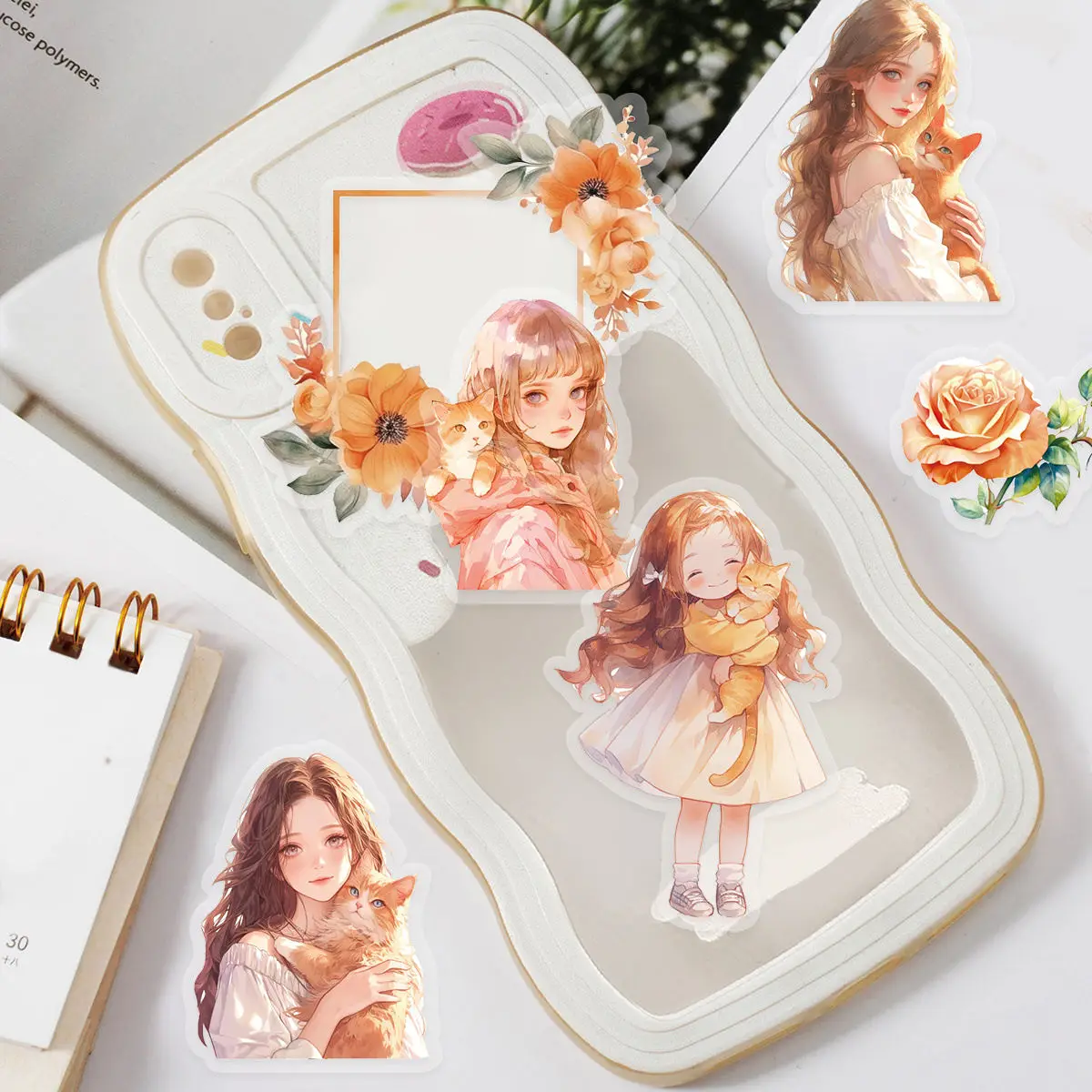 30pcs Warm Colored Cat Girl Flowers With Various Styles Of PET Waterproof Collage DIY Stationery,Cups,Gift,Decoration Stickers