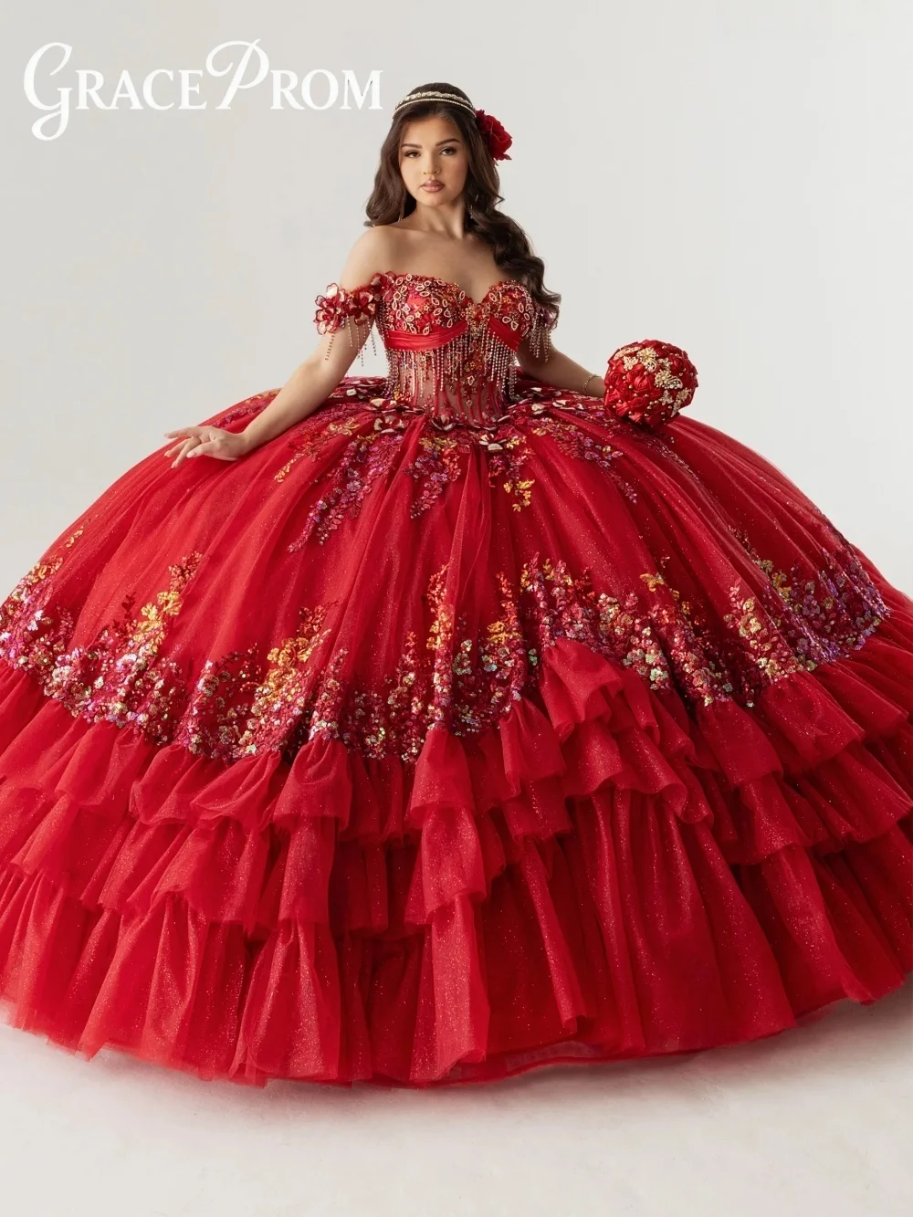 

Regal Red Quinceanera Dress With Intricate Floral Embroidery Layered Ruffled Tulle Skirt For Sweet 16 Party Sweet 16 Celebration