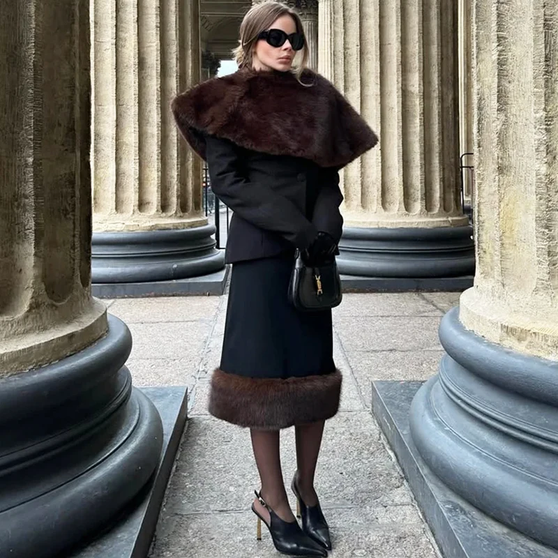 TARUXY Elegant Fur Shawl Skirt Women's Suit Fashionable Solid Loose Shawl Fitted Fur-Lined Midi Skirt Set Autumn Winter Female