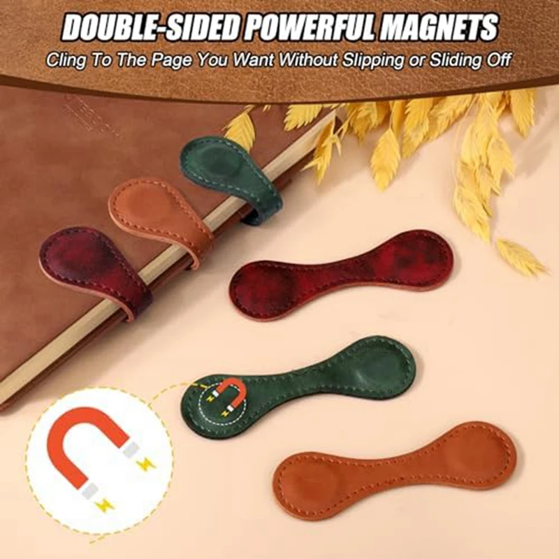 Magnetic Bookmarks, Faux Leather Bookmark Vintage Book Mark Double-Sided Magnetic Page Markers Leather Page Clip Buckles