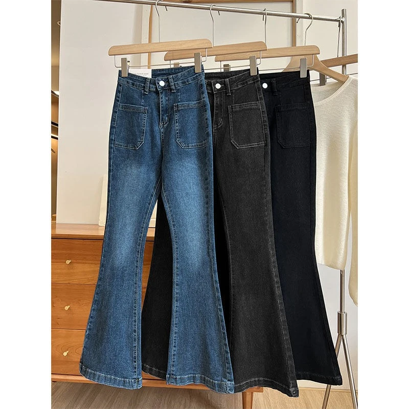 

Новинка 2025 года, высокопрофильные джинсы для мытья полов в американском стиле ретро, синие джинсы с высокой талией и микроподтяжками, женские тонкие расклешенные брюки, корейская версия