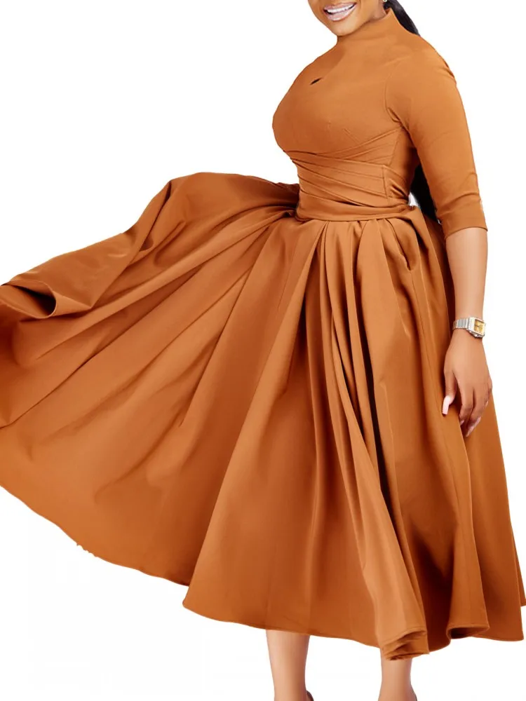 

High Waist Women Dress Autumn New Fashion Pleated African Dress Elegant Casual Midi Dress Big Size Ladies Robe Elegante Femme