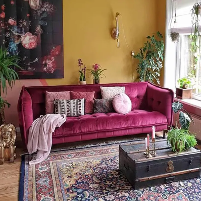 Three-person sofa Living room B & B French rose red velvet double sofa