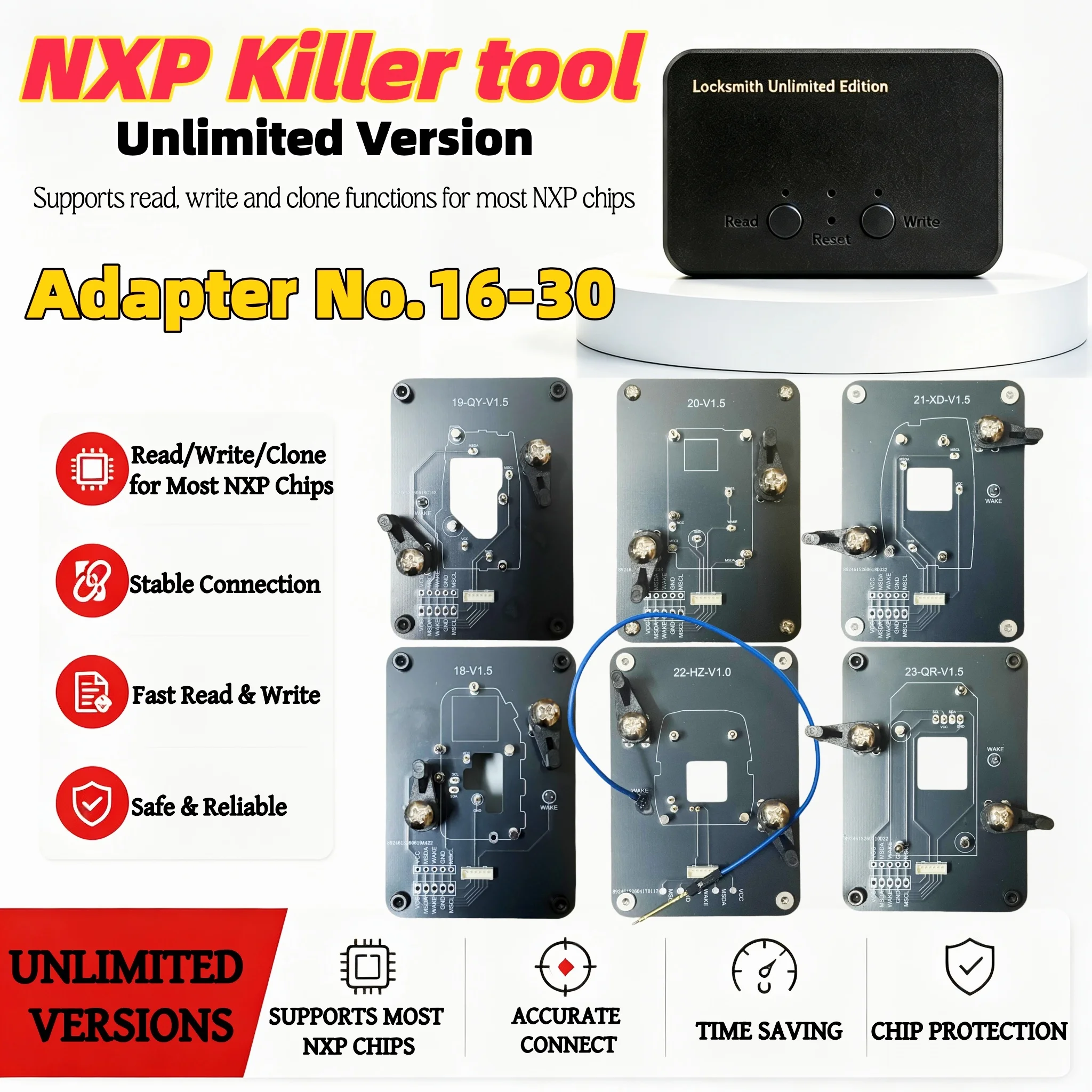 Adapter16-30 for Toyota, GMC, Harley-Davidson keys. Works with NXP Killer, VVDI, Xhorse, KD & others for chip read & programming